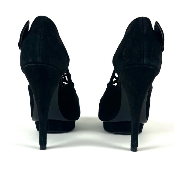 Report Signature Black Suede Caged Peep Toe Platform Heels - Picture 4 of 7